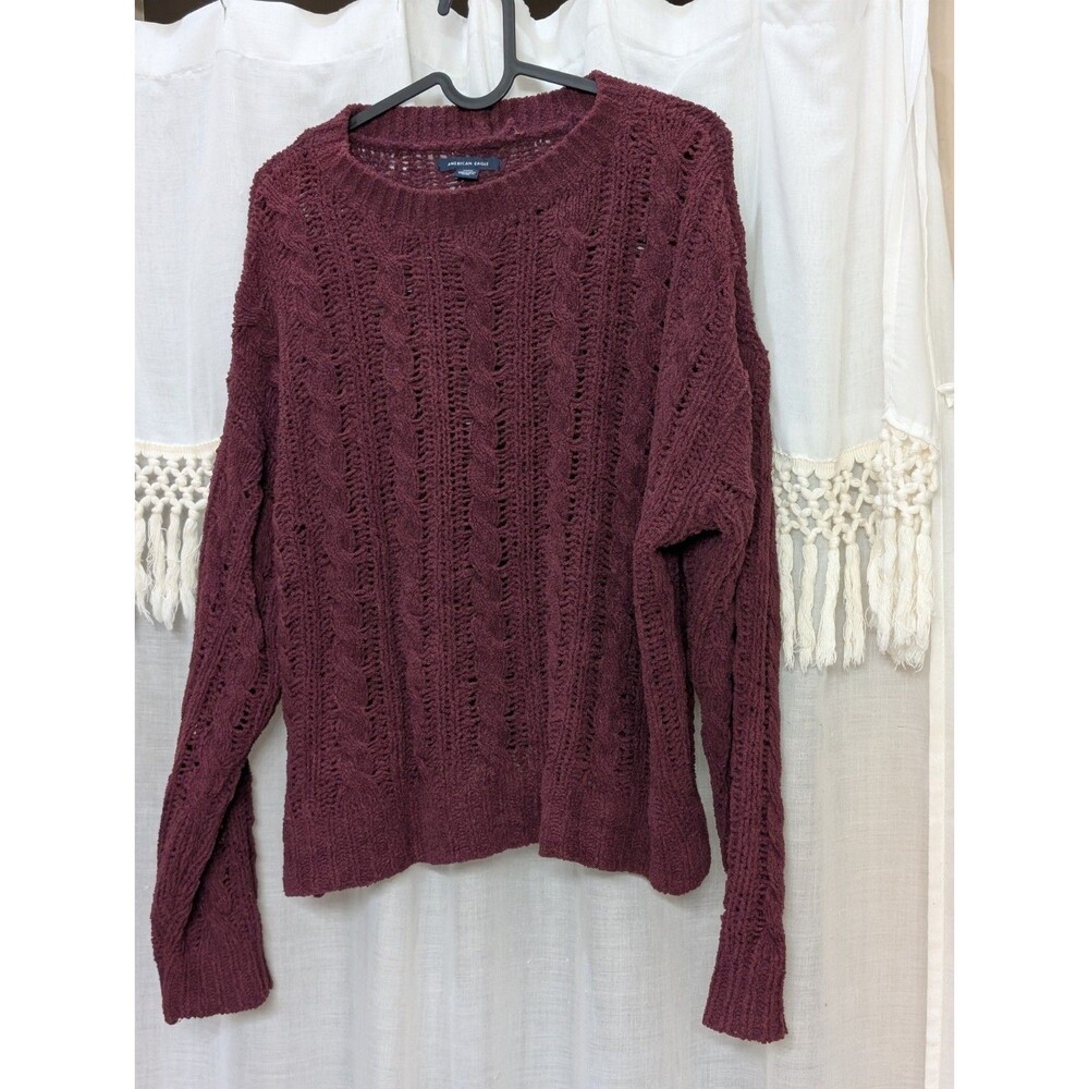 American Eagle Maroon Soft Long Sleeve Crew Neck Cable Knit Sweater Sz Medium M